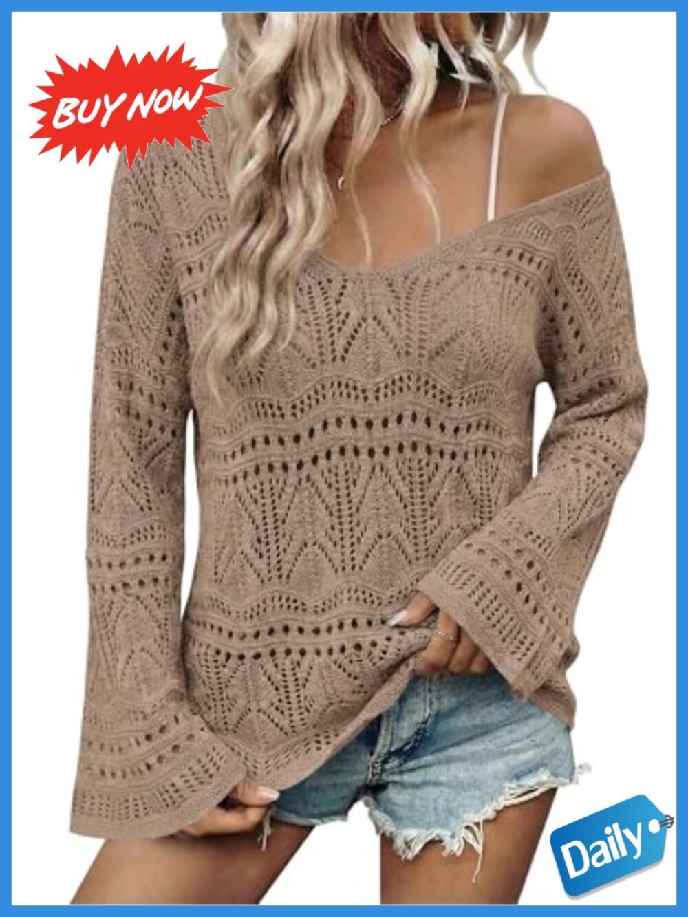 Crochet Off Shoulder Boho Sweater Top Lightweight Knit